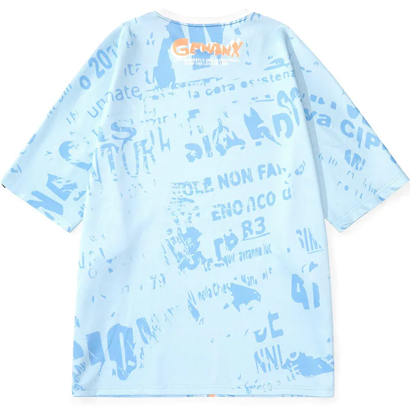 Letter Full Print Cartoon Color Block Round Neck T-Shirt