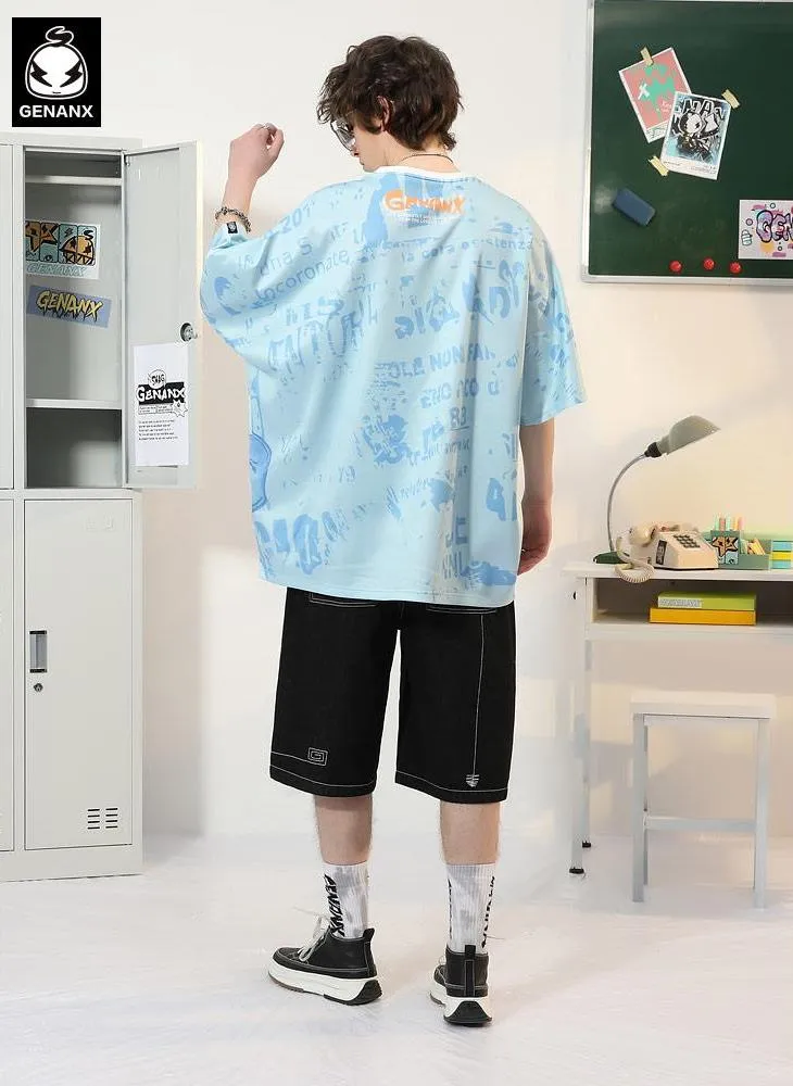Letter Full Print Cartoon Color Block Round Neck T-Shirt