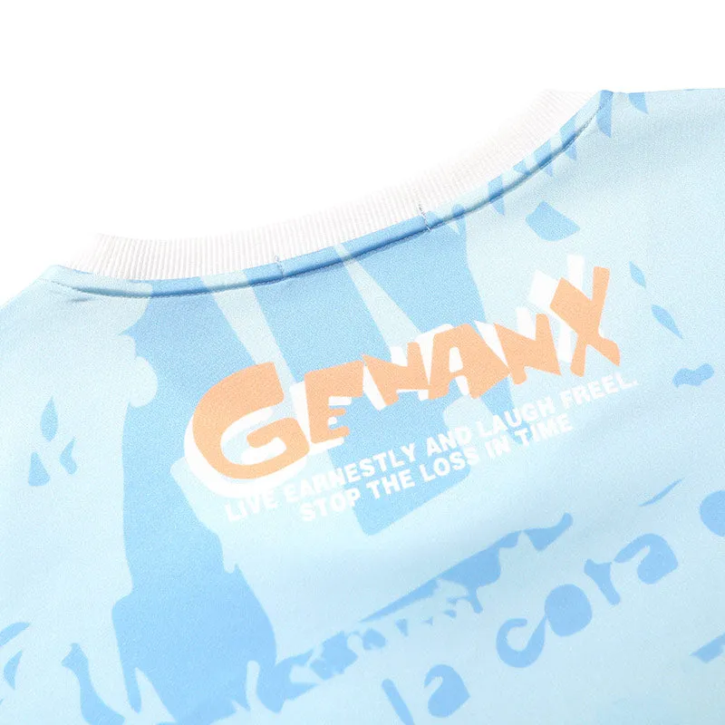 Letter Full Print Cartoon Color Block Round Neck T-Shirt