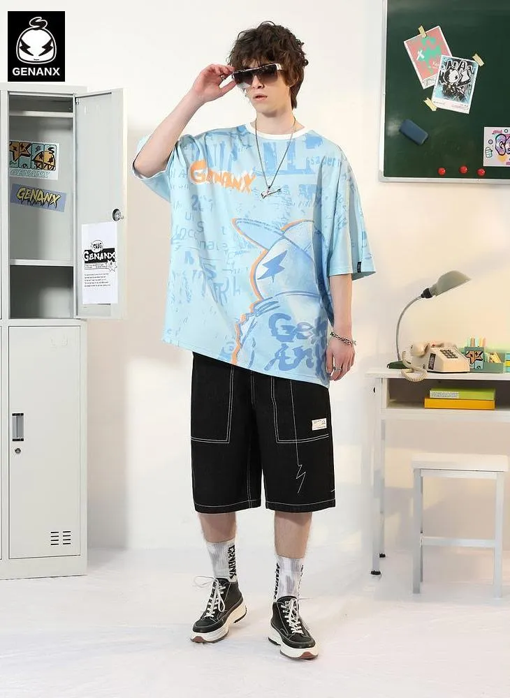 Letter Full Print Cartoon Color Block Round Neck T-Shirt