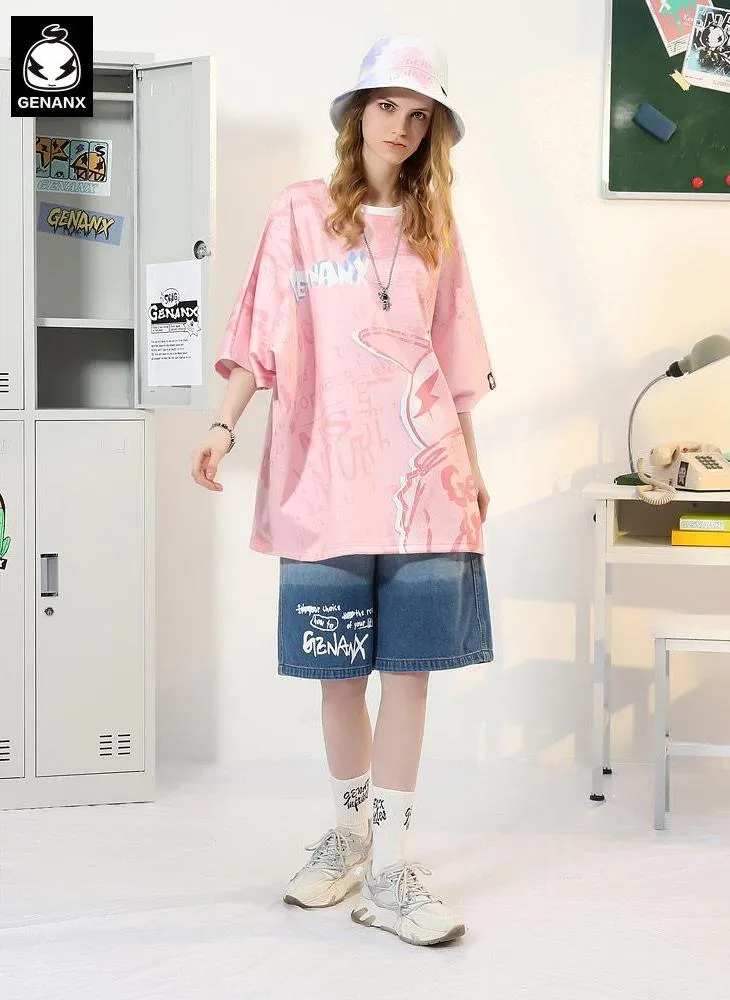 Letter Full Print Cartoon Color Block Round Neck T-Shirt