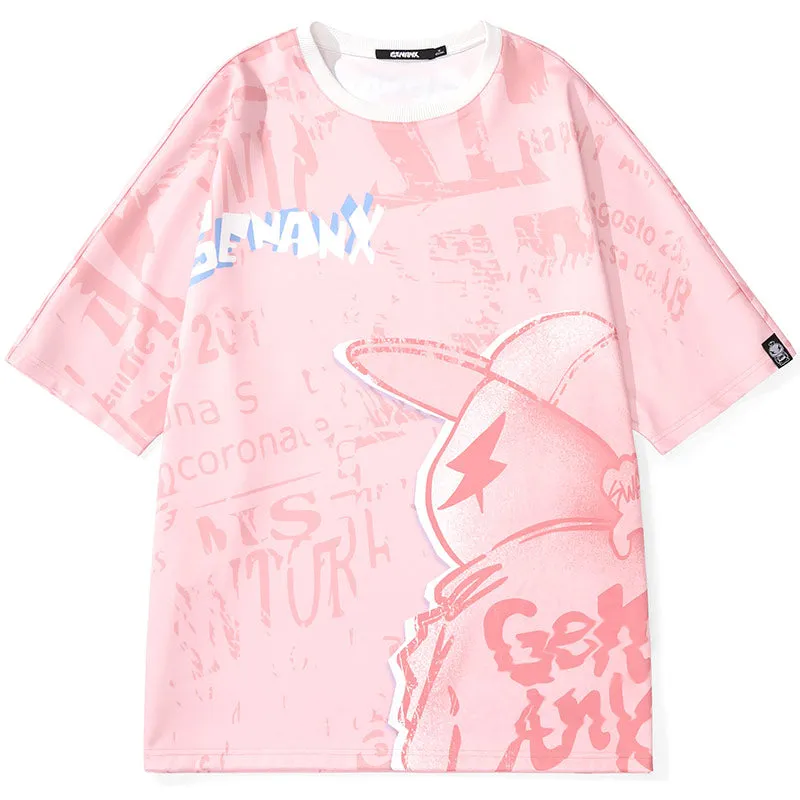 Letter Full Print Cartoon Color Block Round Neck T-Shirt