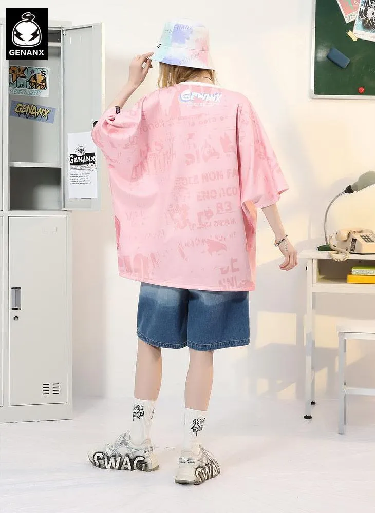 Letter Full Print Cartoon Color Block Round Neck T-Shirt
