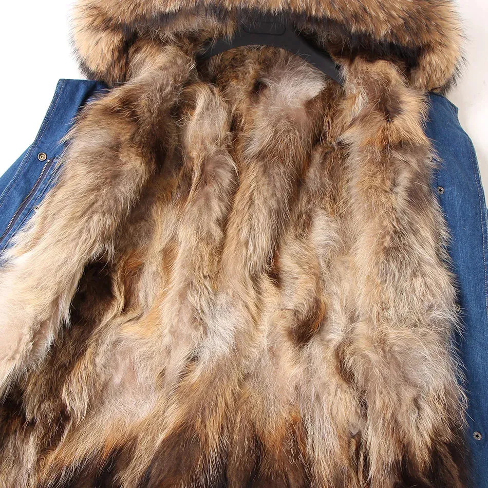 Maomaokong Real Raccoon Fur Coat Fox Collar Denim Coats Winter Jackets Women Parkas Hooded Real Rabbit Fur Liner Women's Jacket