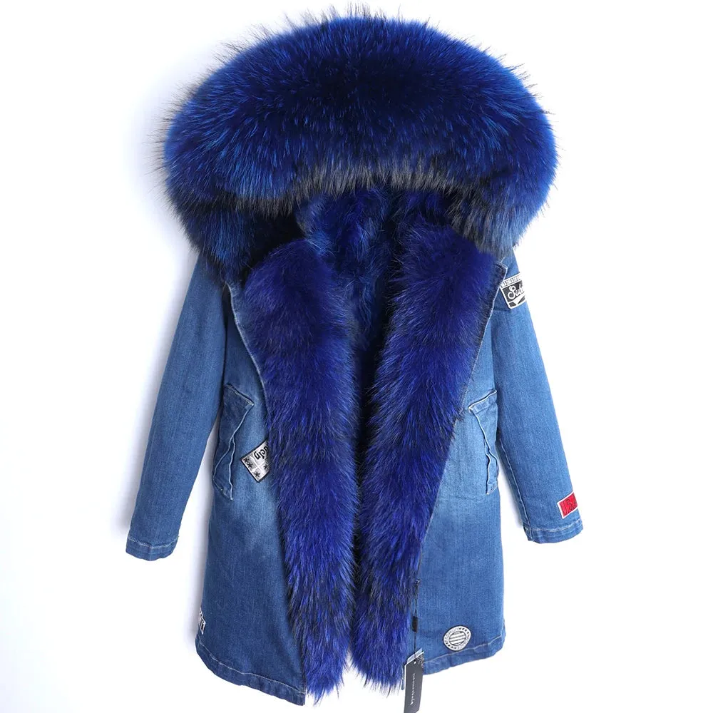 Maomaokong Real Raccoon Fur Coat Fox Collar Denim Coats Winter Jackets Women Parkas Hooded Real Rabbit Fur Liner Women's Jacket