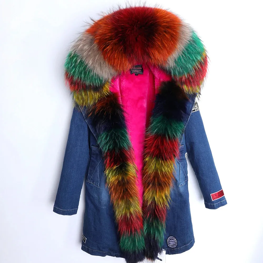 Maomaokong Real Raccoon Fur Coat Fox Collar Denim Coats Winter Jackets Women Parkas Hooded Real Rabbit Fur Liner Women's Jacket
