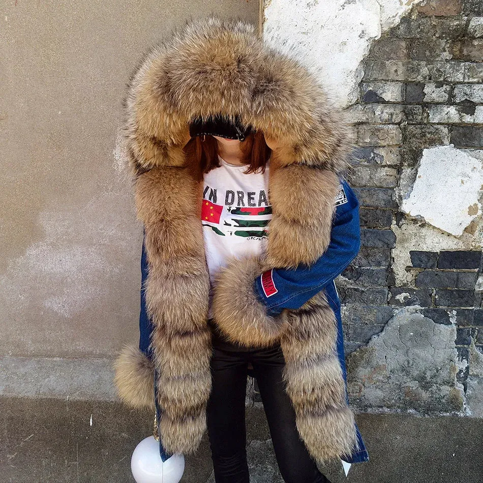 Maomaokong Real Raccoon Fur Coat Fox Collar Denim Coats Winter Jackets Women Parkas Hooded Real Rabbit Fur Liner Women's Jacket
