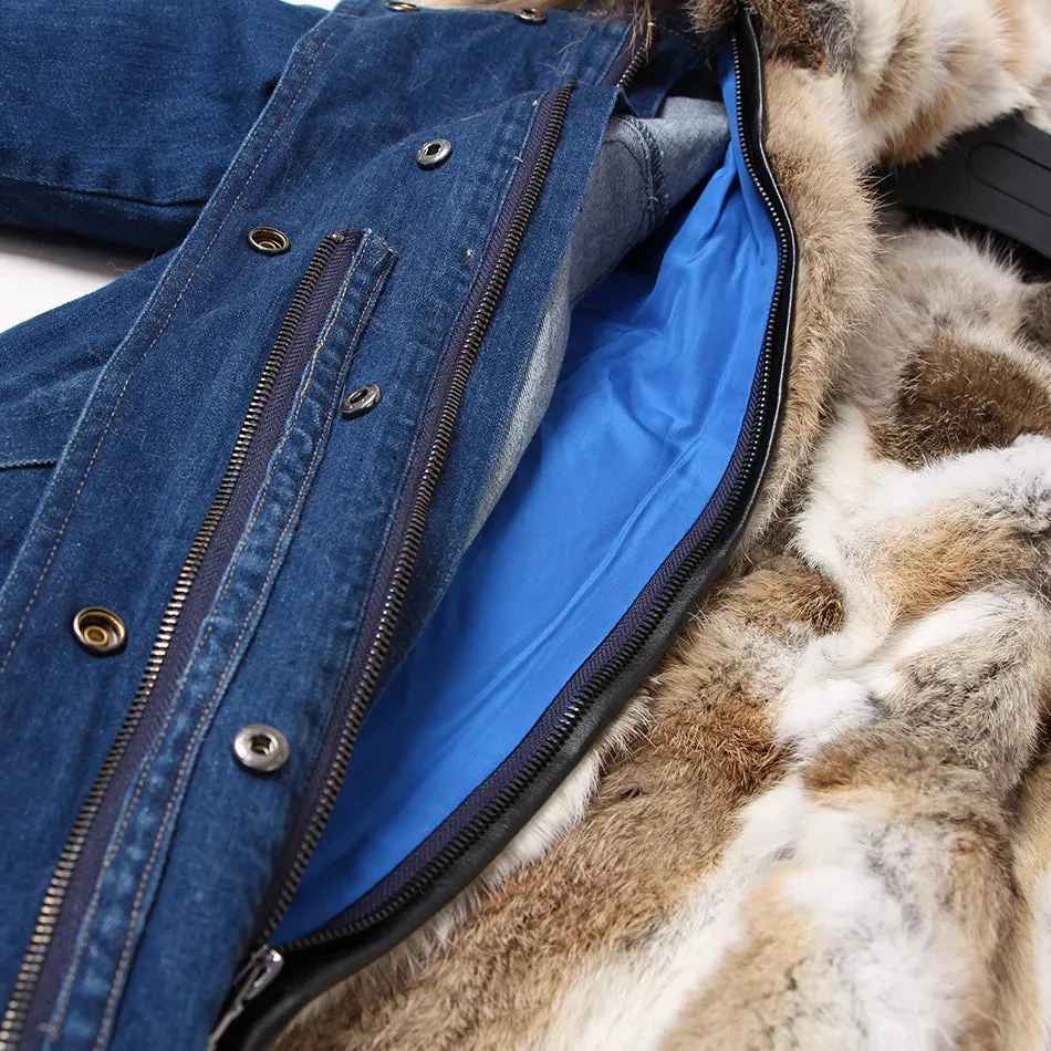 Maomaokong Real Raccoon Fur Coat Fox Collar Denim Coats Winter Jackets Women Parkas Hooded Real Rabbit Fur Liner Women's Jacket