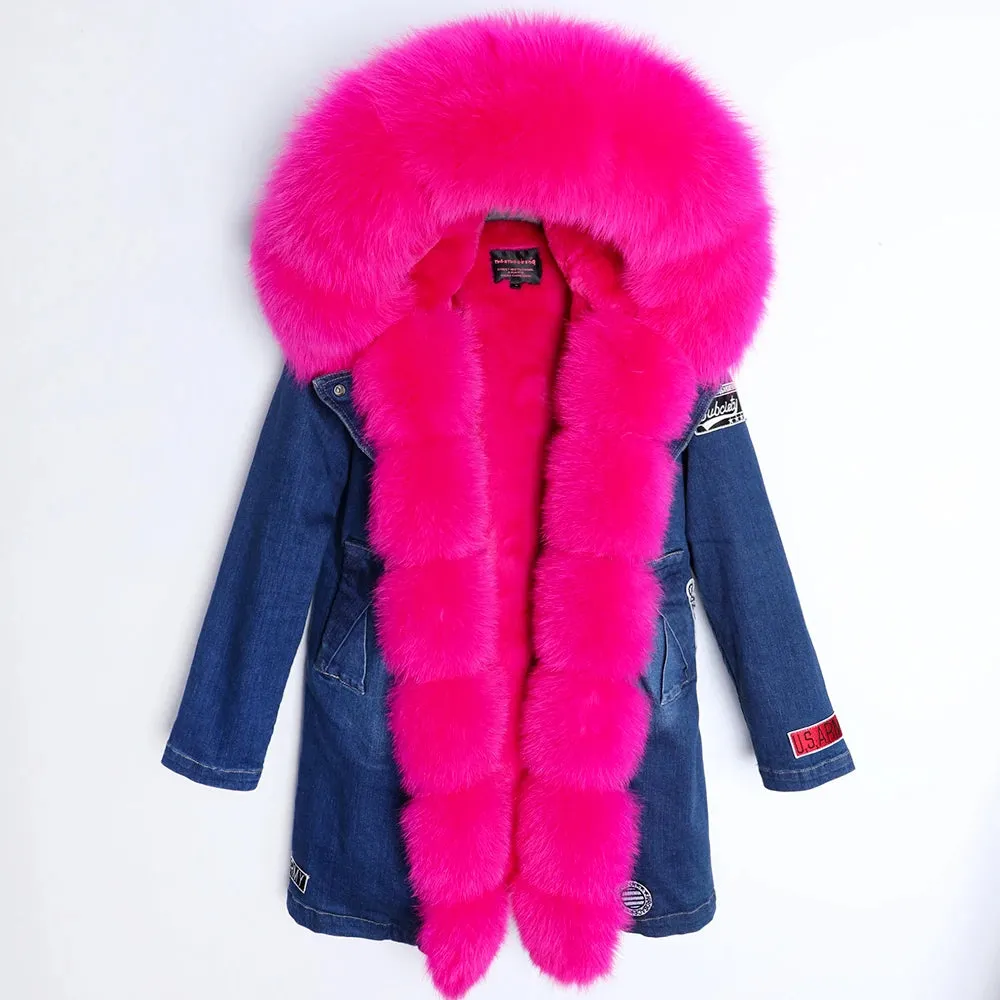 Maomaokong Real Raccoon Fur Coat Fox Collar Denim Coats Winter Jackets Women Parkas Hooded Real Rabbit Fur Liner Women's Jacket