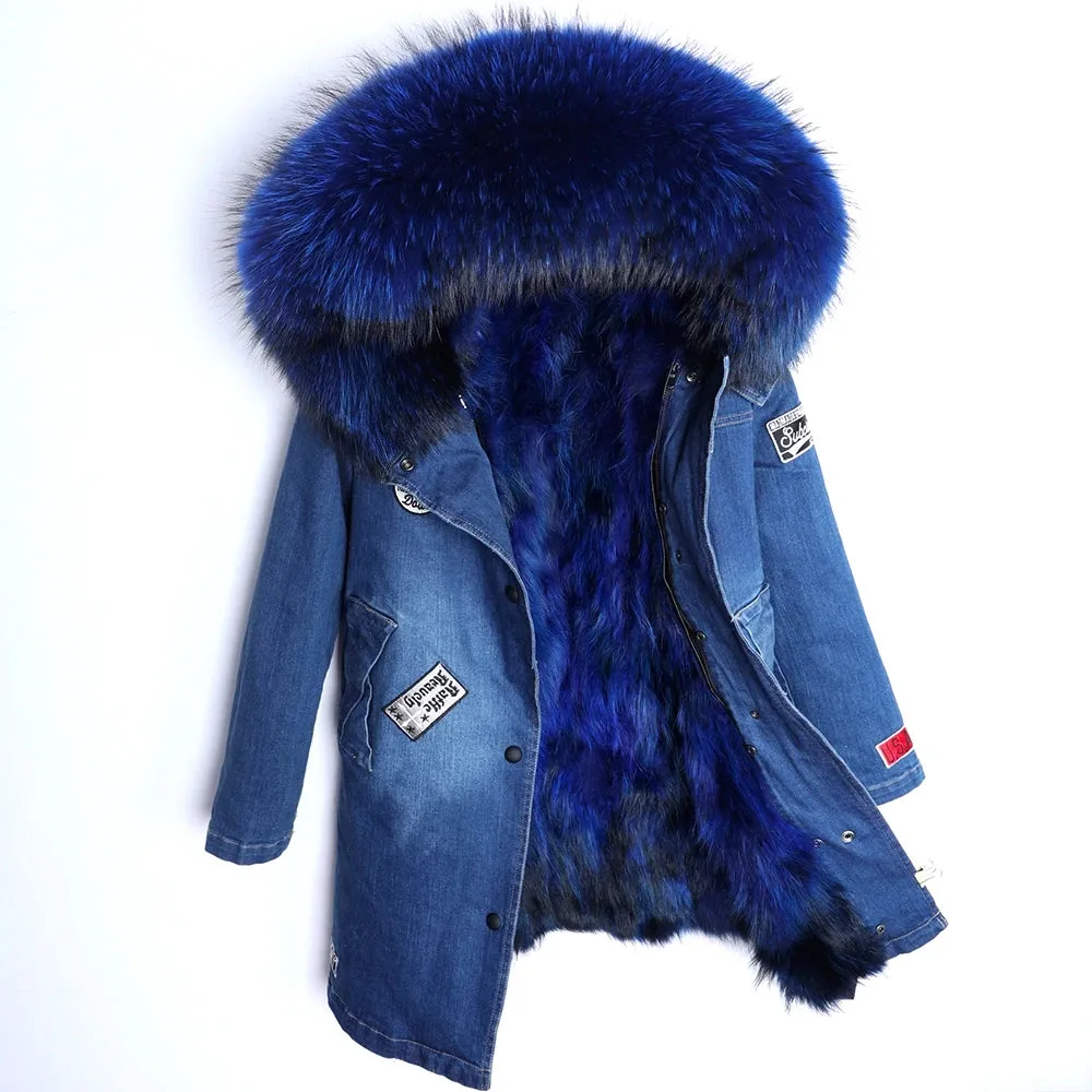 Maomaokong Real Raccoon Fur Coat Fox Collar Denim Coats Winter Jackets Women Parkas Hooded Real Rabbit Fur Liner Women's Jacket