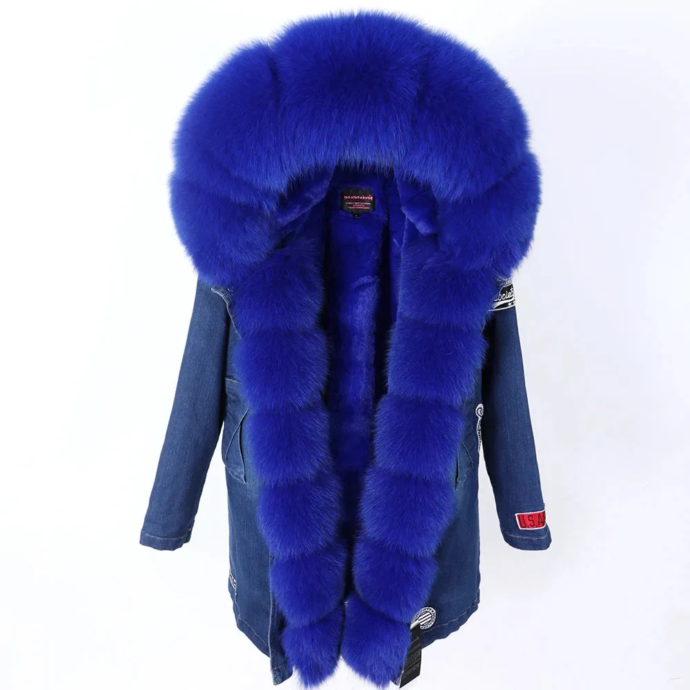 Maomaokong Real Raccoon Fur Coat Fox Collar Denim Coats Winter Jackets Women Parkas Hooded Real Rabbit Fur Liner Women's Jacket