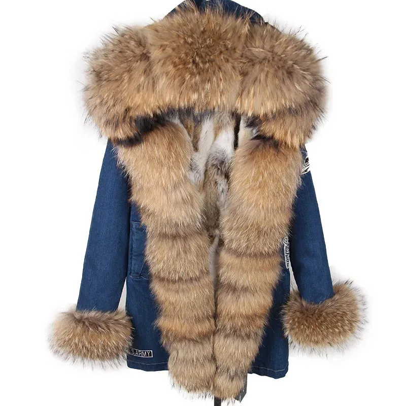 Maomaokong Real Raccoon Fur Coat Fox Collar Denim Coats Winter Jackets Women Parkas Hooded Real Rabbit Fur Liner Women's Jacket