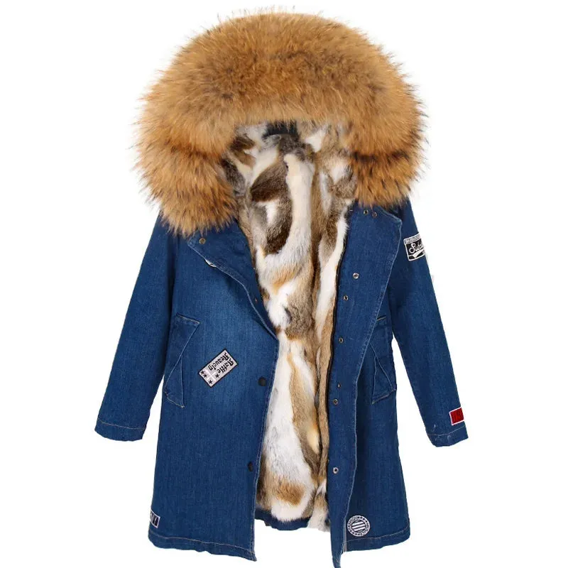 Maomaokong Real Raccoon Fur Coat Fox Collar Denim Coats Winter Jackets Women Parkas Hooded Real Rabbit Fur Liner Women's Jacket