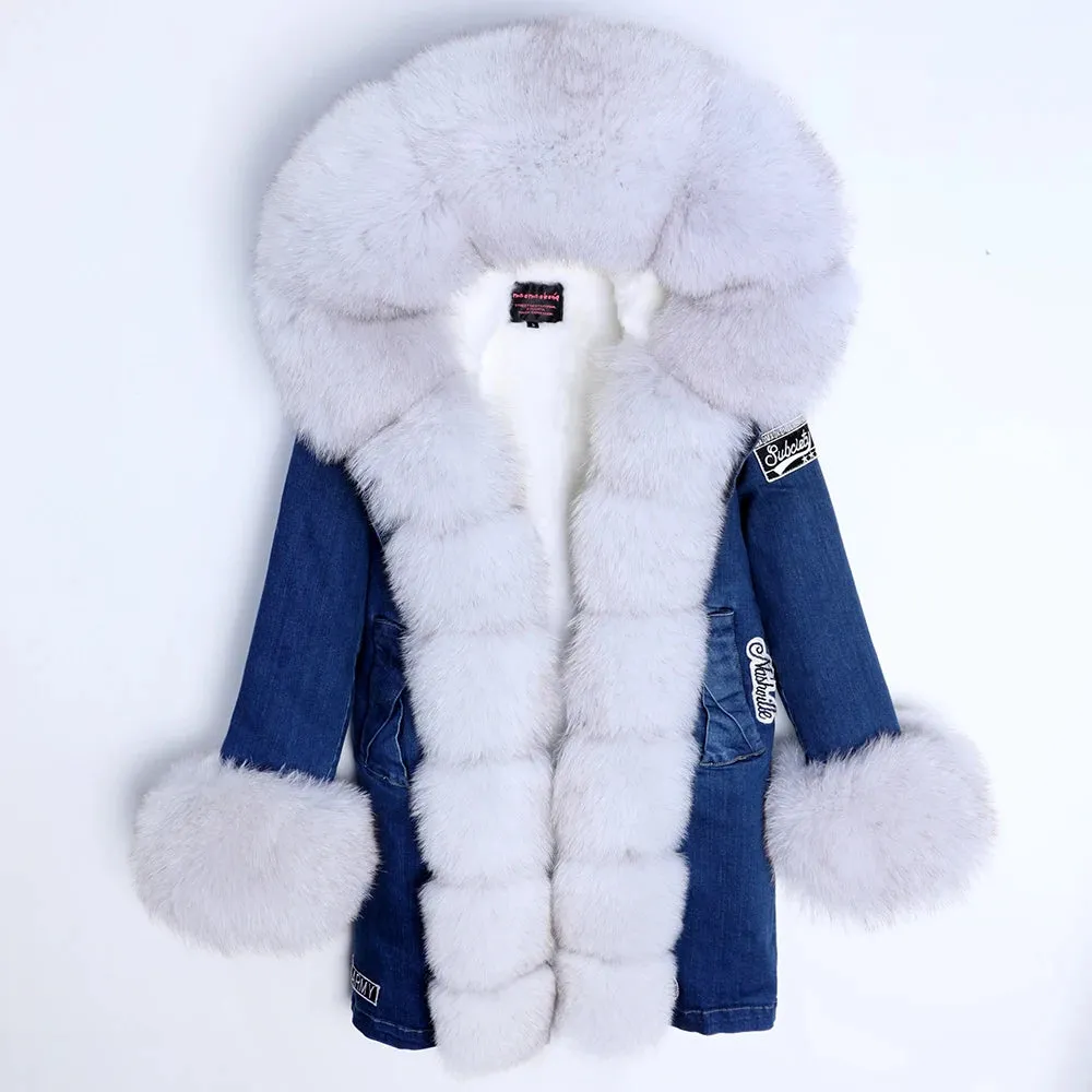 Maomaokong Real Raccoon Fur Coat Fox Collar Denim Coats Winter Jackets Women Parkas Hooded Real Rabbit Fur Liner Women's Jacket