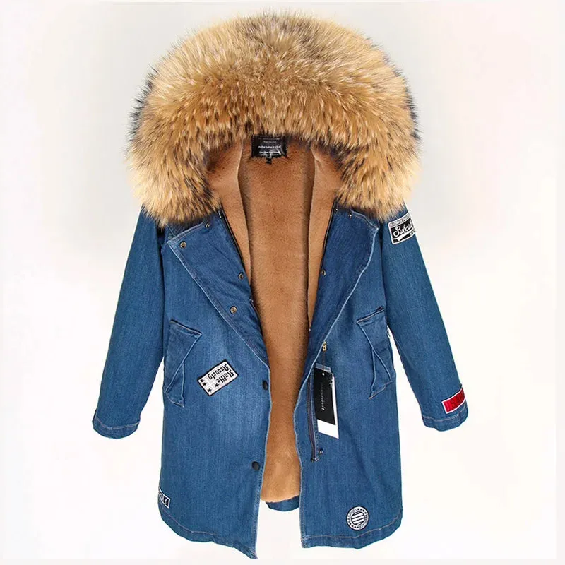 Maomaokong Real Raccoon Fur Coat Fox Collar Denim Coats Winter Jackets Women Parkas Hooded Real Rabbit Fur Liner Women's Jacket