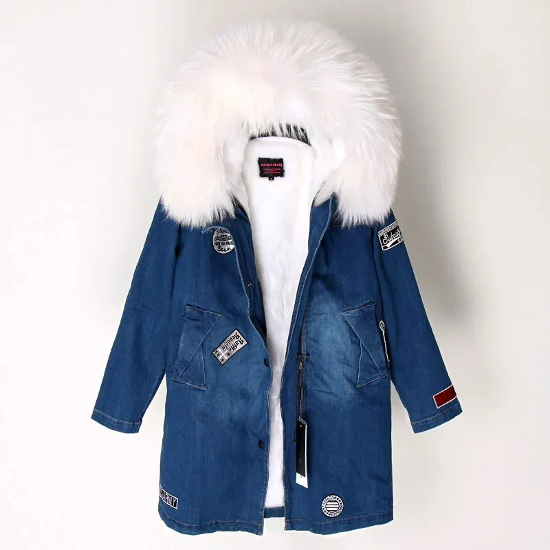 Maomaokong Real Raccoon Fur Coat Fox Collar Denim Coats Winter Jackets Women Parkas Hooded Real Rabbit Fur Liner Women's Jacket