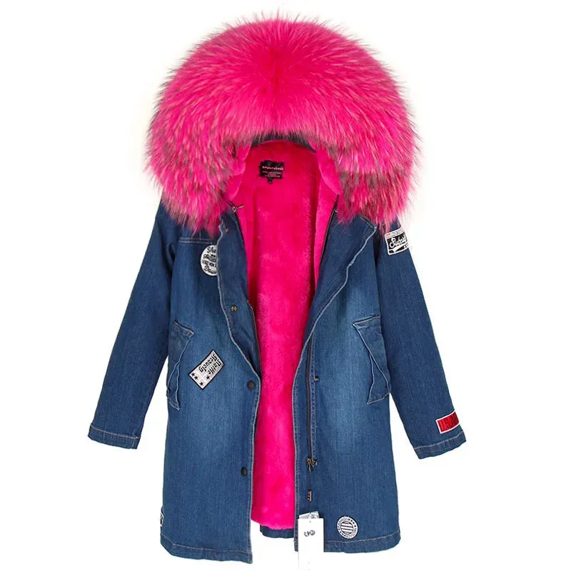 Maomaokong Real Raccoon Fur Coat Fox Collar Denim Coats Winter Jackets Women Parkas Hooded Real Rabbit Fur Liner Women's Jacket