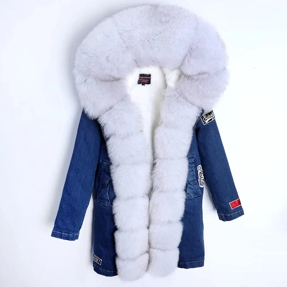 Maomaokong Real Raccoon Fur Coat Fox Collar Denim Coats Winter Jackets Women Parkas Hooded Real Rabbit Fur Liner Women's Jacket