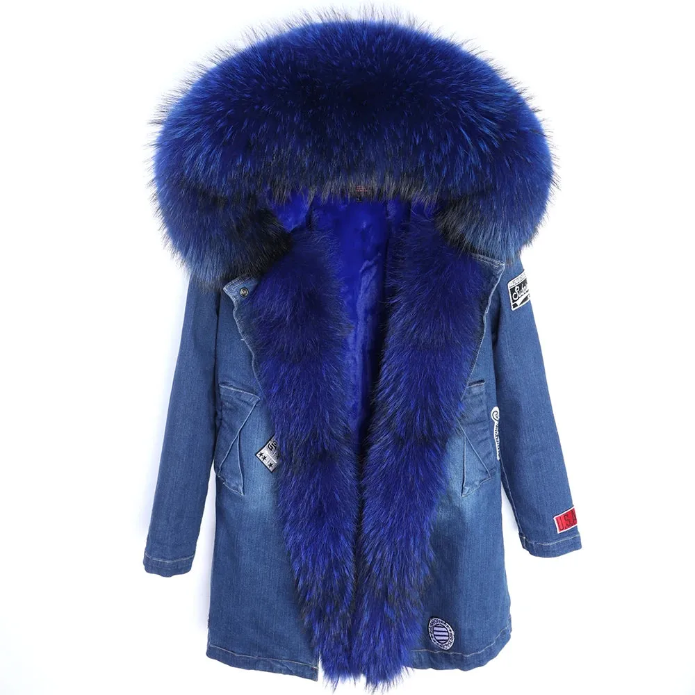 Maomaokong Real Raccoon Fur Coat Fox Collar Denim Coats Winter Jackets Women Parkas Hooded Real Rabbit Fur Liner Women's Jacket