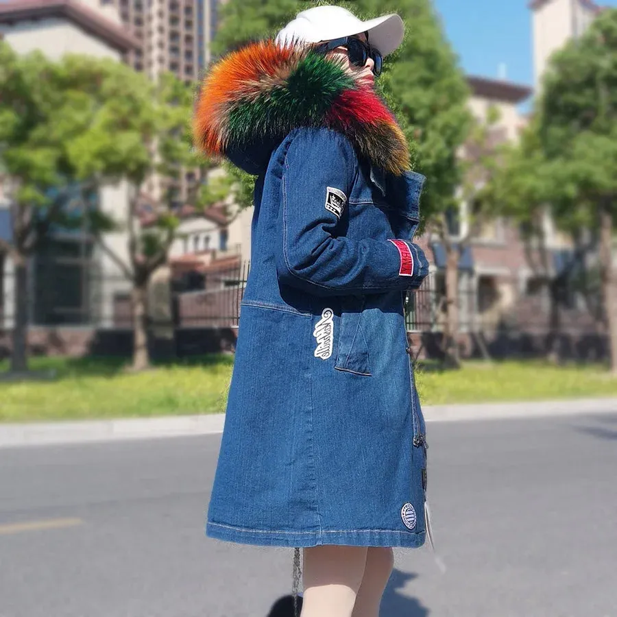 Maomaokong Real Raccoon Fur Coat Fox Collar Denim Coats Winter Jackets Women Parkas Hooded Real Rabbit Fur Liner Women's Jacket