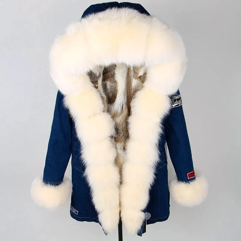 Maomaokong Real Raccoon Fur Coat Fox Collar Denim Coats Winter Jackets Women Parkas Hooded Real Rabbit Fur Liner Women's Jacket