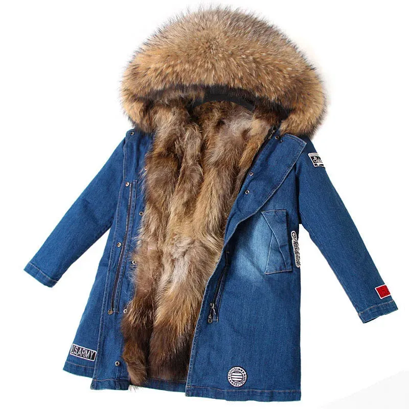 Maomaokong Real Raccoon Fur Coat Fox Collar Denim Coats Winter Jackets Women Parkas Hooded Real Rabbit Fur Liner Women's Jacket