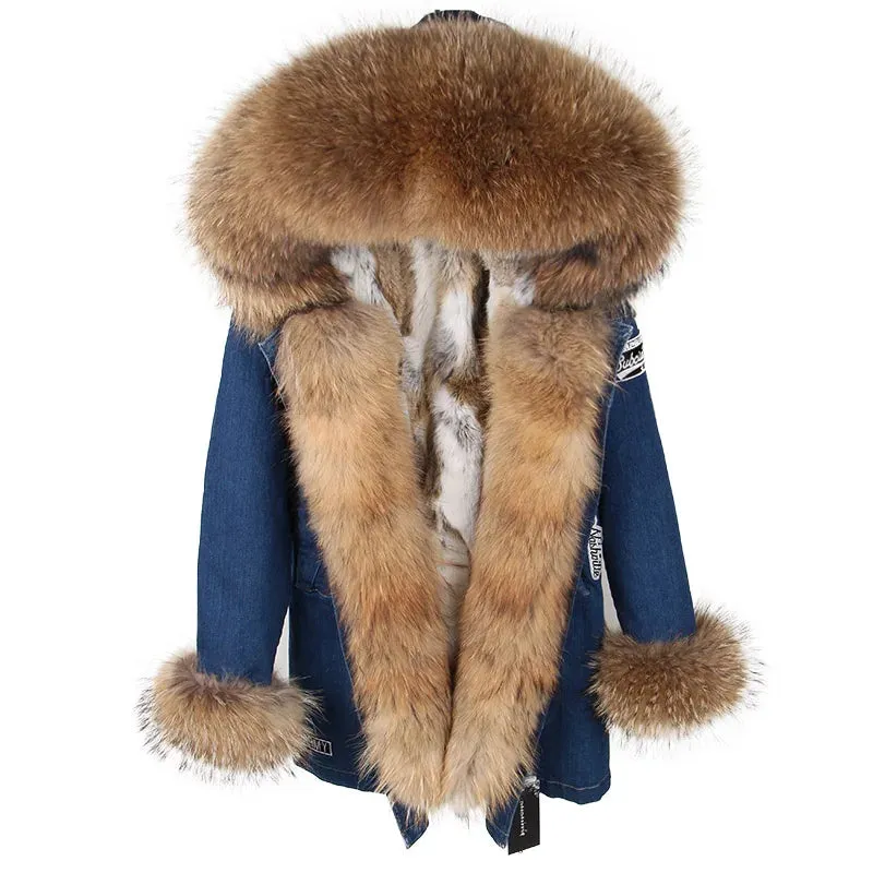 Maomaokong Real Raccoon Fur Coat Fox Collar Denim Coats Winter Jackets Women Parkas Hooded Real Rabbit Fur Liner Women's Jacket