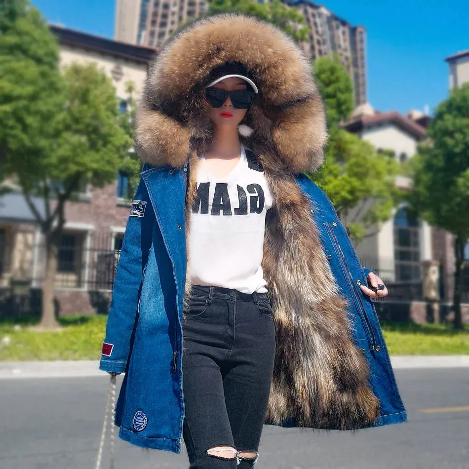 Maomaokong Real Raccoon Fur Coat Fox Collar Denim Coats Winter Jackets Women Parkas Hooded Real Rabbit Fur Liner Women's Jacket