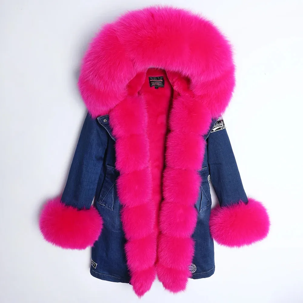Maomaokong Real Raccoon Fur Coat Fox Collar Denim Coats Winter Jackets Women Parkas Hooded Real Rabbit Fur Liner Women's Jacket