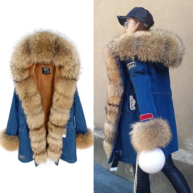 Maomaokong Real Raccoon Fur Coat Fox Collar Denim Coats Winter Jackets Women Parkas Hooded Real Rabbit Fur Liner Women's Jacket