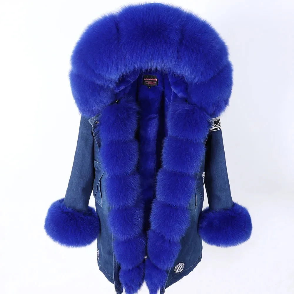 Maomaokong Real Raccoon Fur Coat Fox Collar Denim Coats Winter Jackets Women Parkas Hooded Real Rabbit Fur Liner Women's Jacket