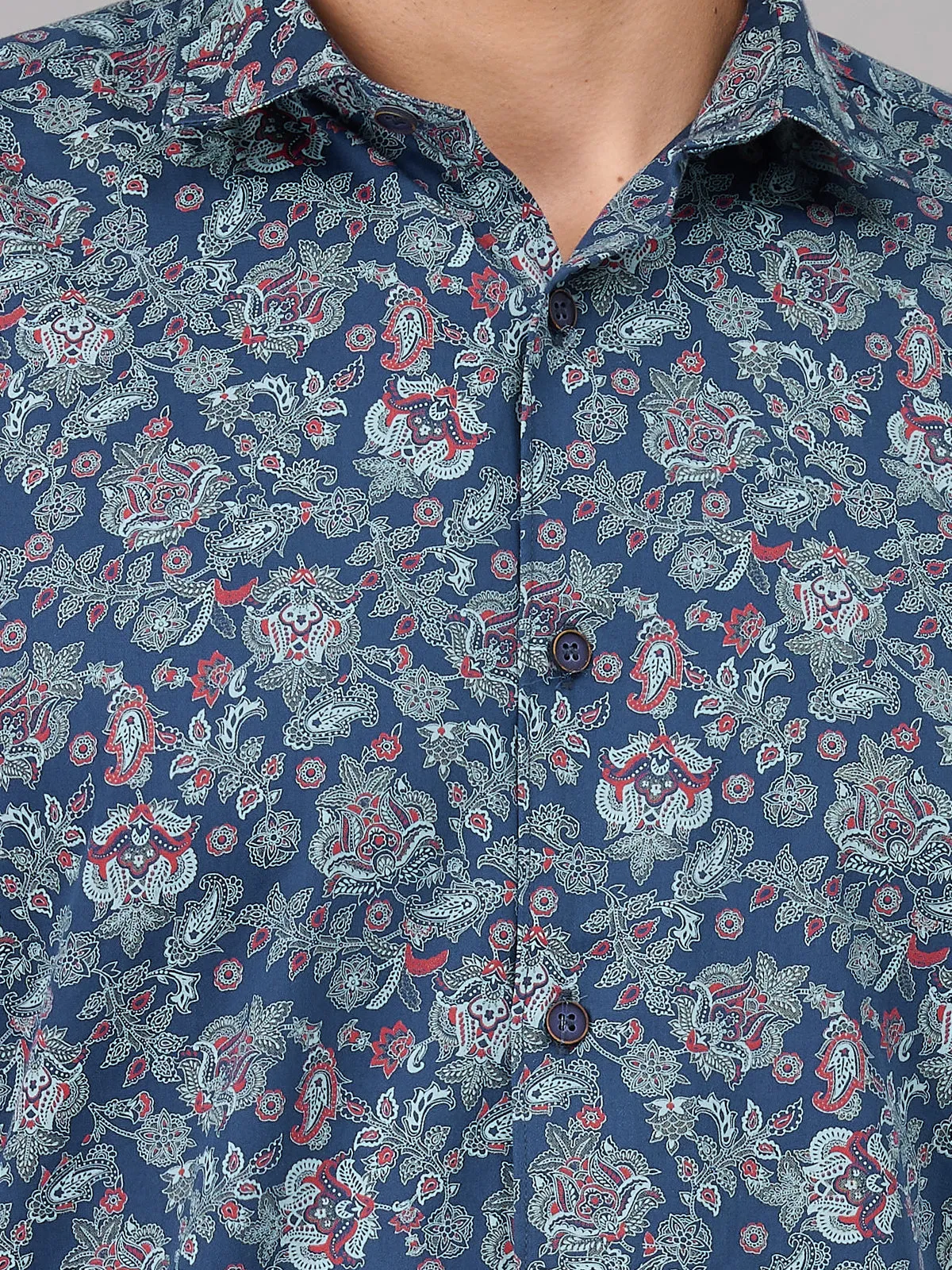 Men Blue Floral Print Casual Shirt