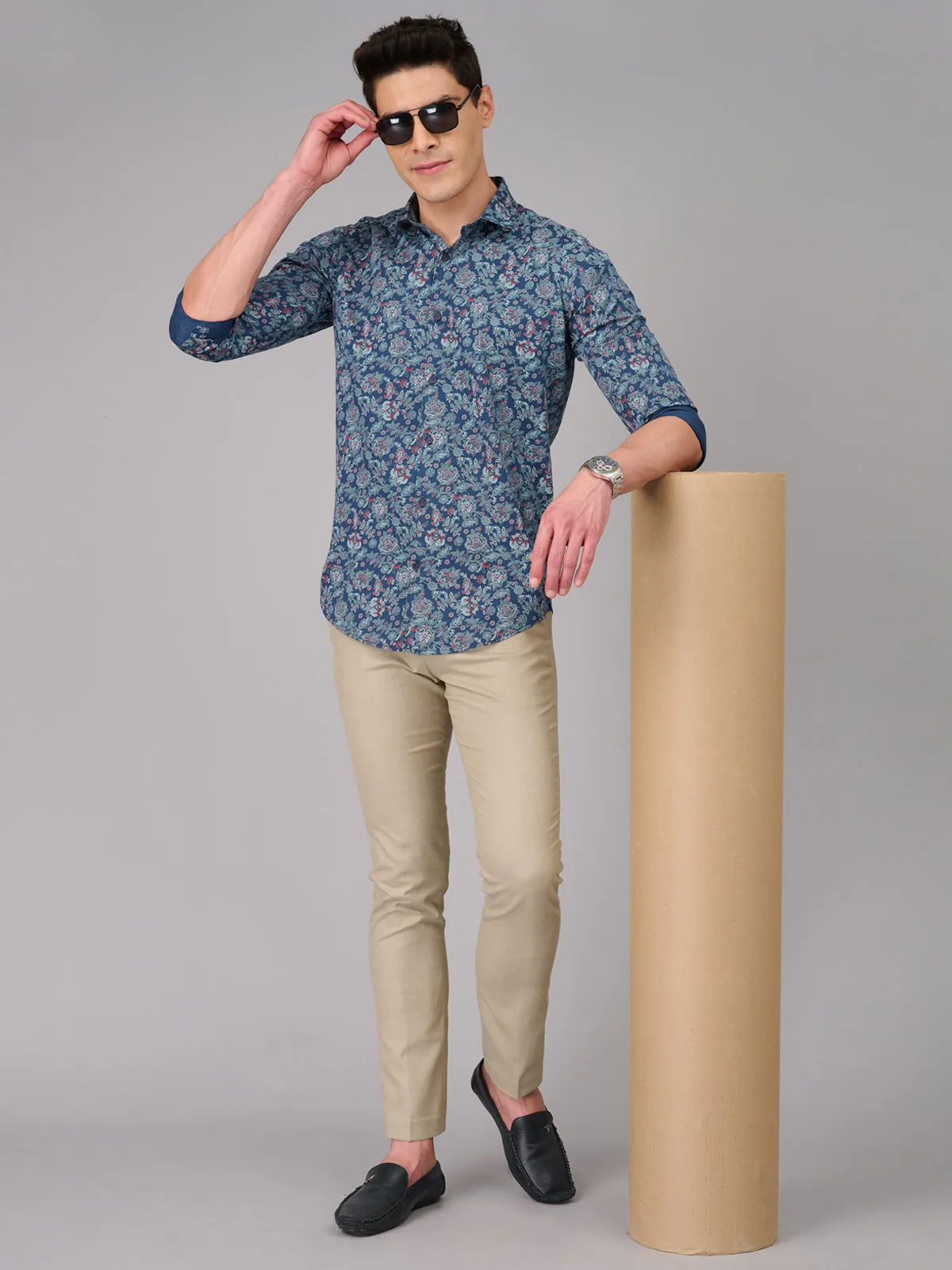 Men Blue Floral Print Casual Shirt