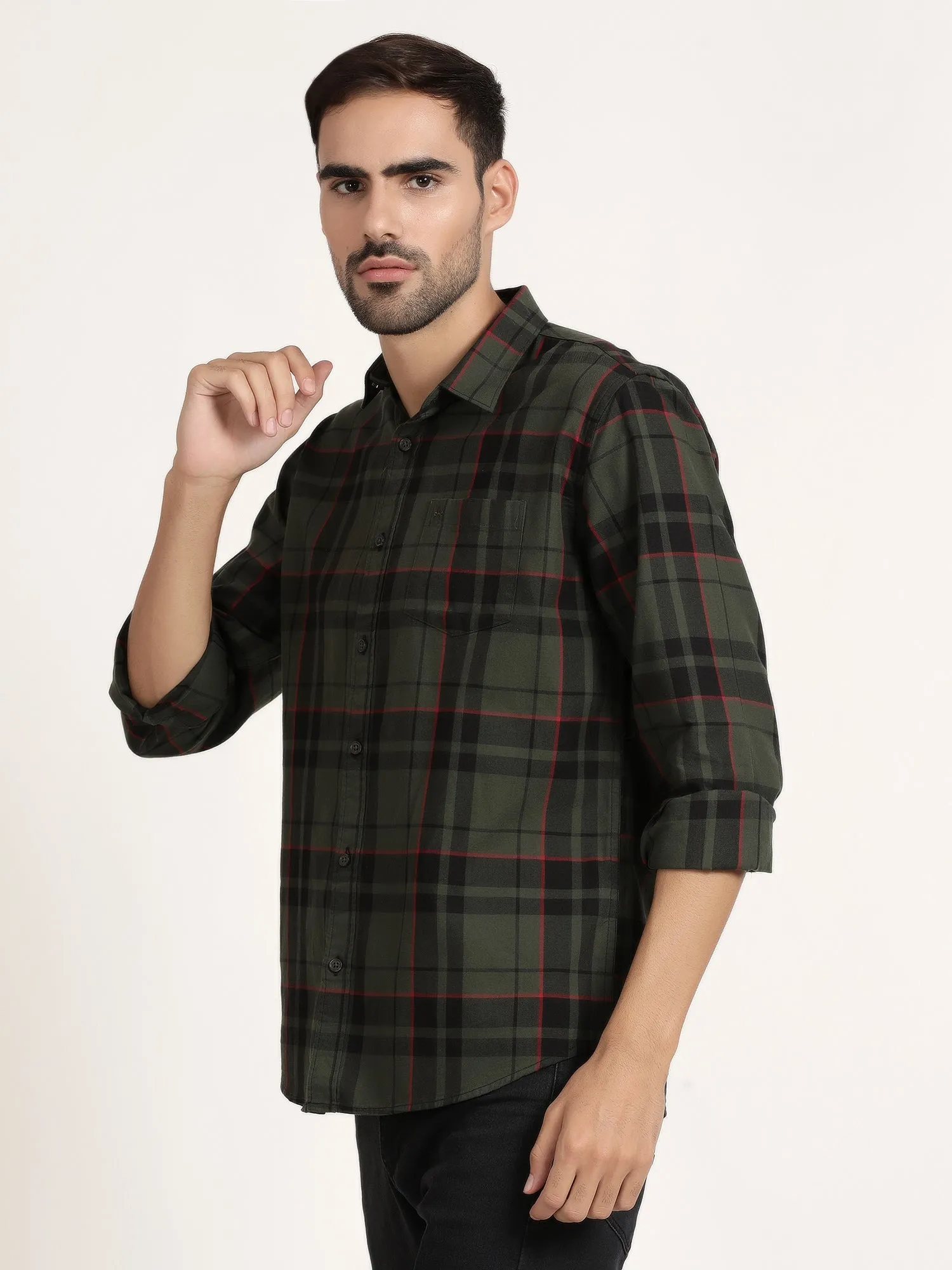 Men Green Checked Casual Shirt (GBHM5026)