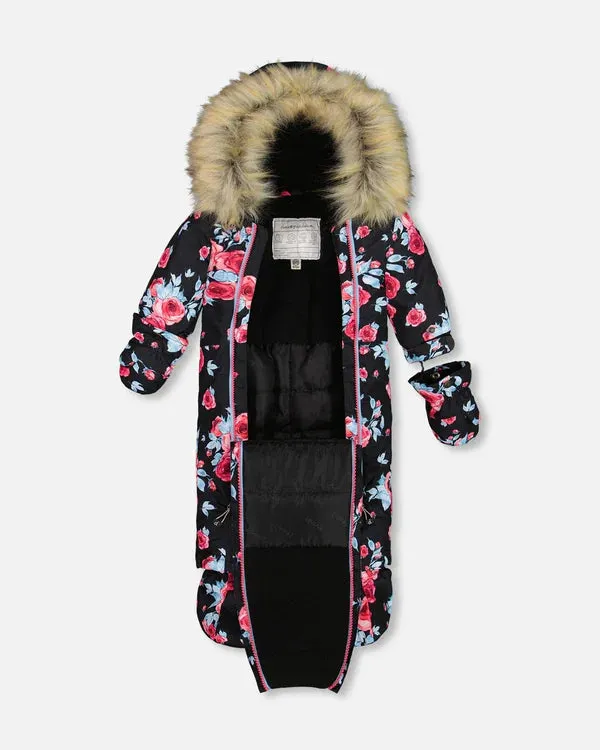 One Piece Baby Snowsuit Black Printed Roses Designed For Car Seat