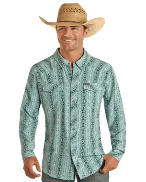 Panhandle Men's Performance Turquoise Serape Aztec Long Sleeve Snap Western Shirt TMN2S03501