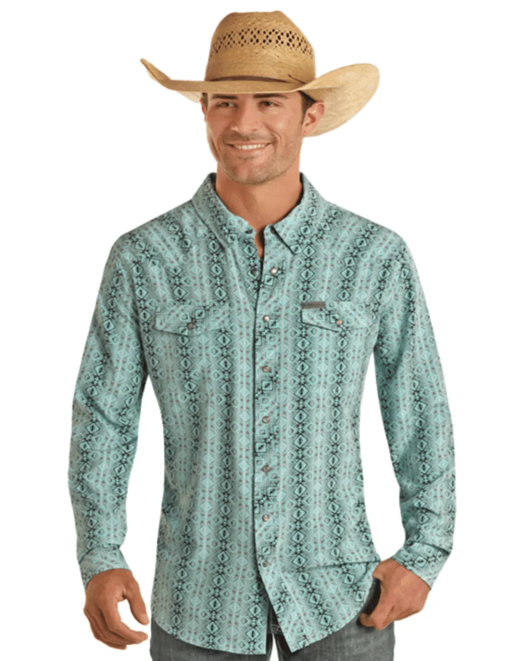 Panhandle Men's Performance Turquoise Serape Aztec Long Sleeve Snap Western Shirt TMN2S03501