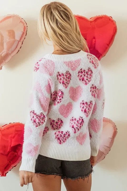 Pink Heart Leopard Print Pearled Sweater
