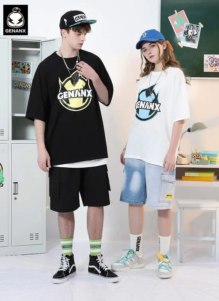 Plain Cartoon Logo Print Minimalist Cotton T-Shirt