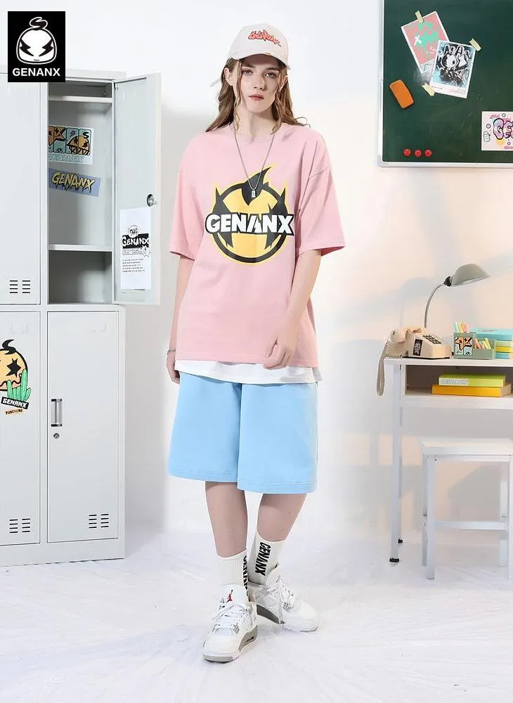 Plain Cartoon Logo Print Minimalist Cotton T-Shirt