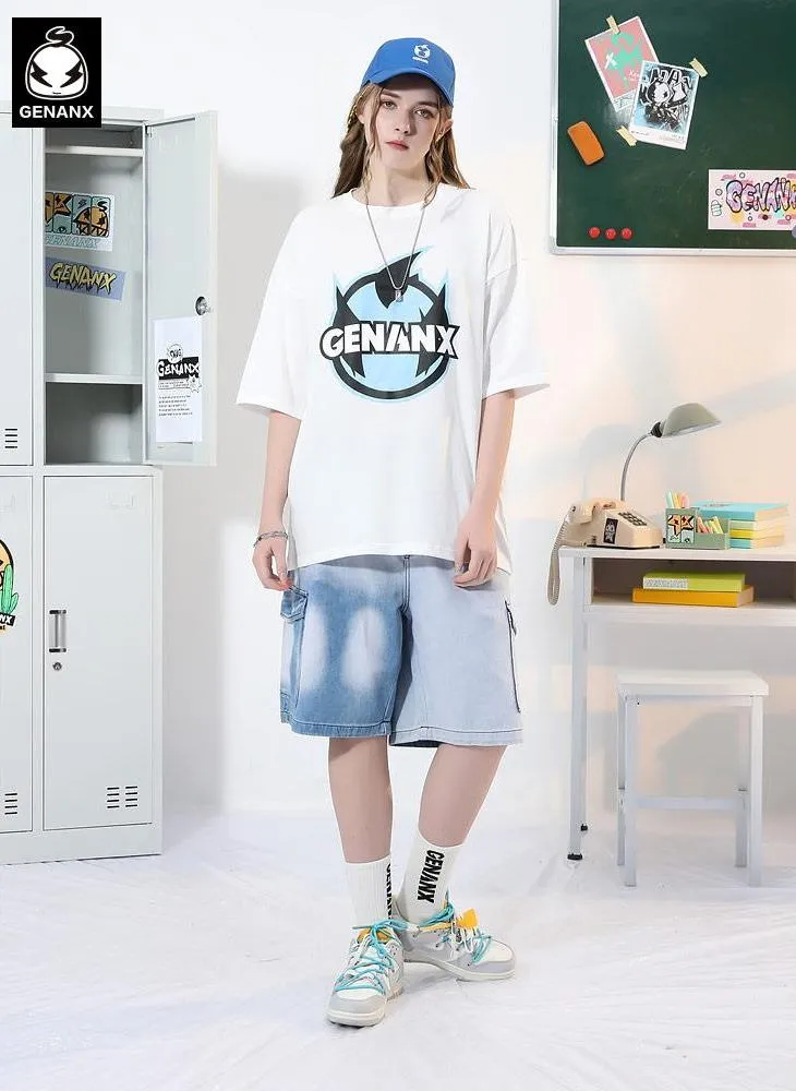 Plain Cartoon Logo Print Minimalist Cotton T-Shirt