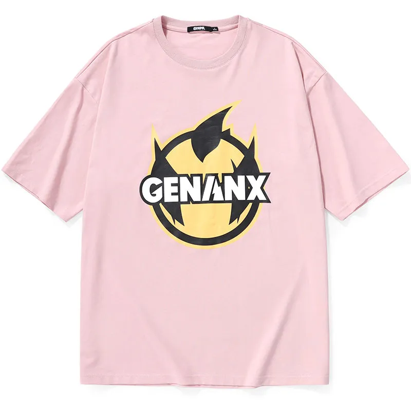 Plain Cartoon Logo Print Minimalist Cotton T-Shirt