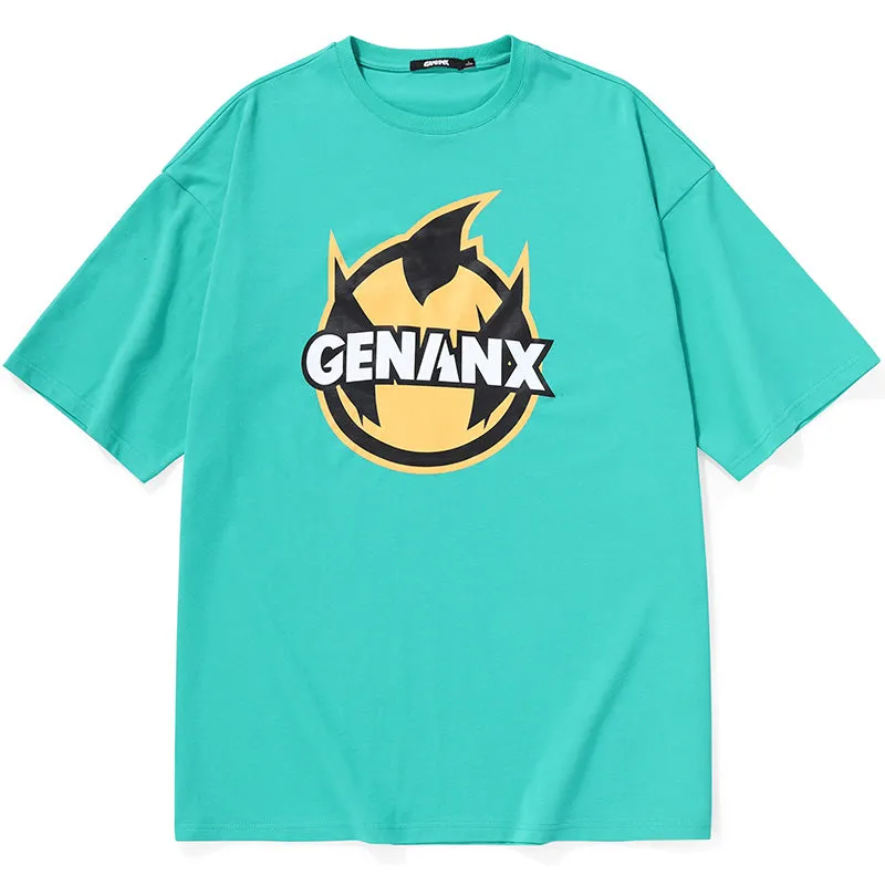 Plain Cartoon Logo Print Minimalist Cotton T-Shirt
