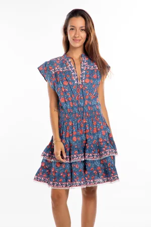 Poppy Dress. Blue/Coral