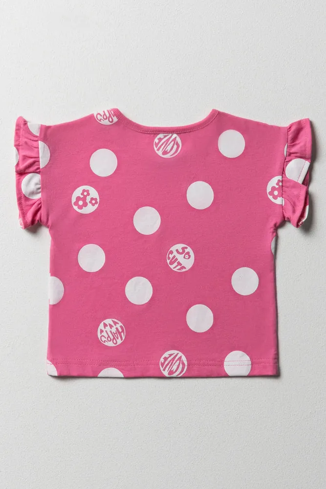 Spot Short Sleeve T-Shirt With Frill Pink
