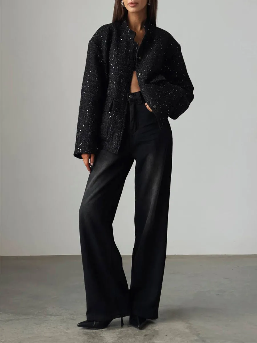 Stand Collar Solid Color Sequin Jacket