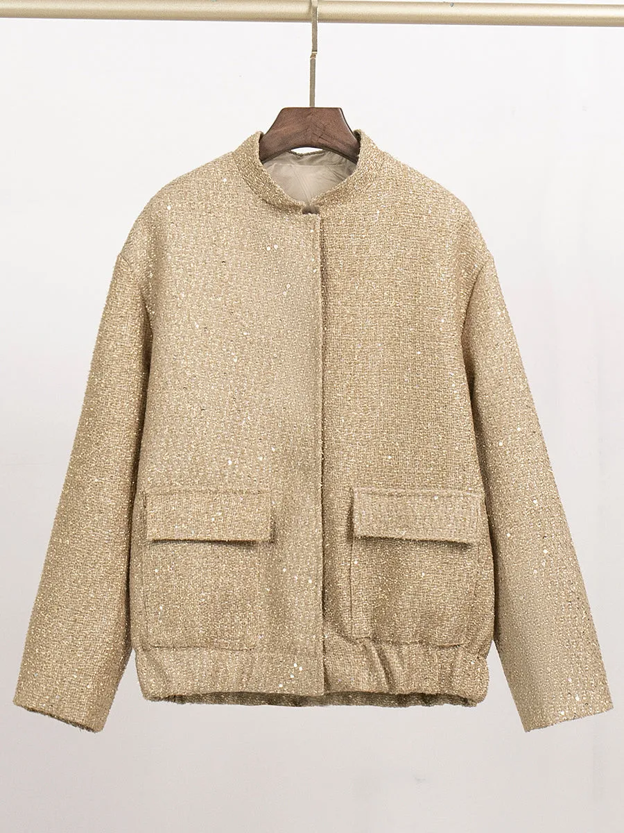 Stand Collar Solid Color Sequin Jacket