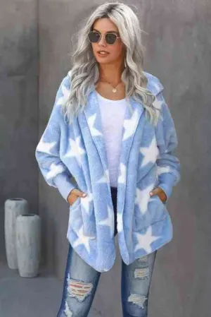 Star Open Front Fuzzy Hooded Jacket with Pockets