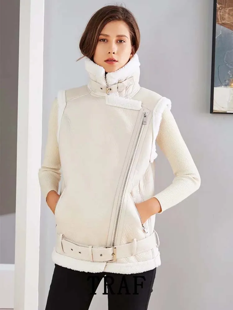 TRAF 2023 Woman Winter Vest Coat, Cotton Imitation Leather Vests, Sleeveless Jacket, Windproof Casual Warm Trench Coats, Winter Fashion, Women's Outerwear