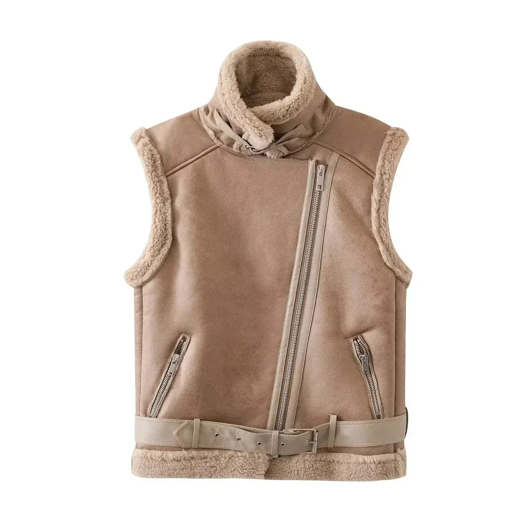 TRAF 2023 Woman Winter Vest Coat, Cotton Imitation Leather Vests, Sleeveless Jacket, Windproof Casual Warm Trench Coats, Winter Fashion, Women's Outerwear